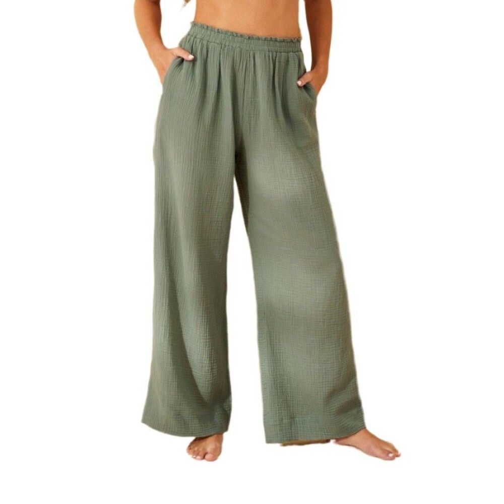 Shade & Shore Wide Leg Pants Womens M Green Cotton Gauze Beach Swim Cover New